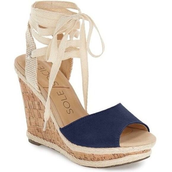 Sole Society Sena Espadrille Wedge Sandals 6.5 Navy Kid Suede Canvas Ankle Strap - Picture 3 of 13